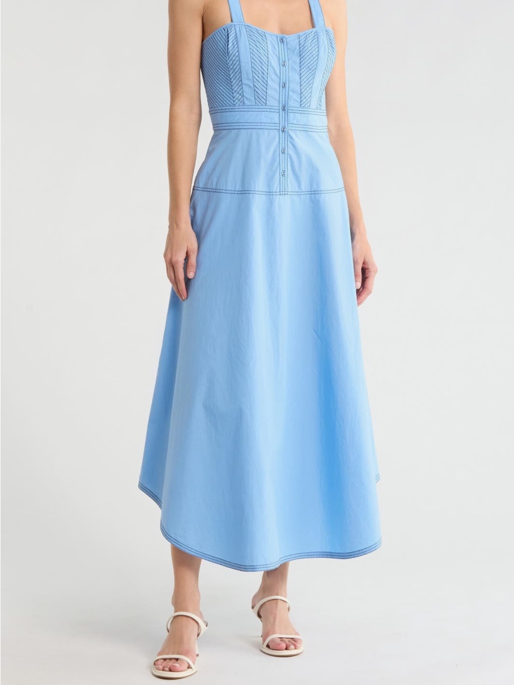 Light Blue Midi Dress with Structured Bodice and Straps
